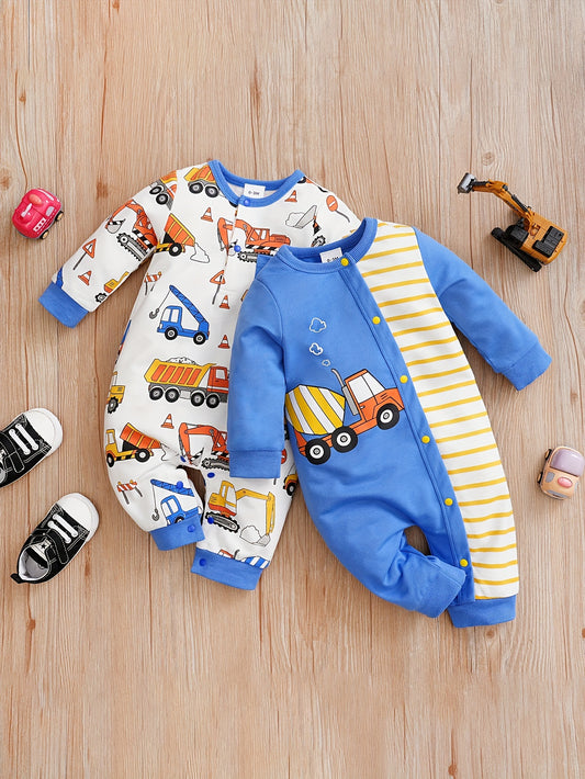 2pcs Cute Cartoon Vehicle Print Long-sleeved Baby Bodysuits, Toddler's Jumpsuits For Spring And Autumn