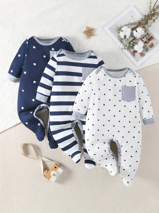 Baby Boys Star Printed Footed Bodysuit 3 Piece Set